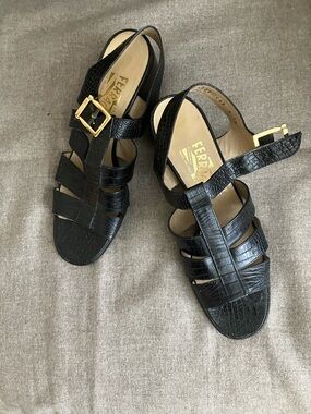 Salvatore Ferragamo Black Croc-Embossed Leather Strappy Sandals with Gold Buckle